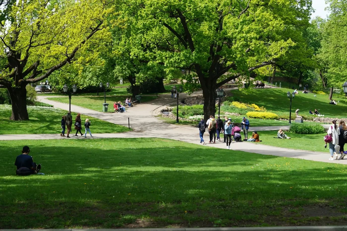 Parque gramado com árvores altas e caminhos de concreto, por onde várias pessoas caminham em um dia de sol
